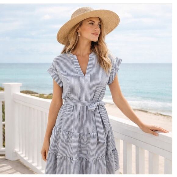 Monteau Dresses & Skirts - Monteau Dress  L blue and white striped tiered midi